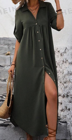 Women's Solid Color Roll-Up Sleeve Long Shirt Dress With Front Buttons, Holiday Leisure Style