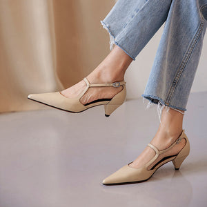 Women's Mid Heel Pointed Toe Buckle Hollow Sandals