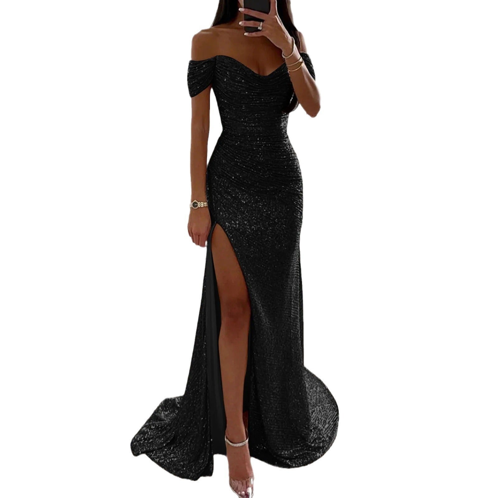 Female Creative Solid Color Sparkling Slit Dress