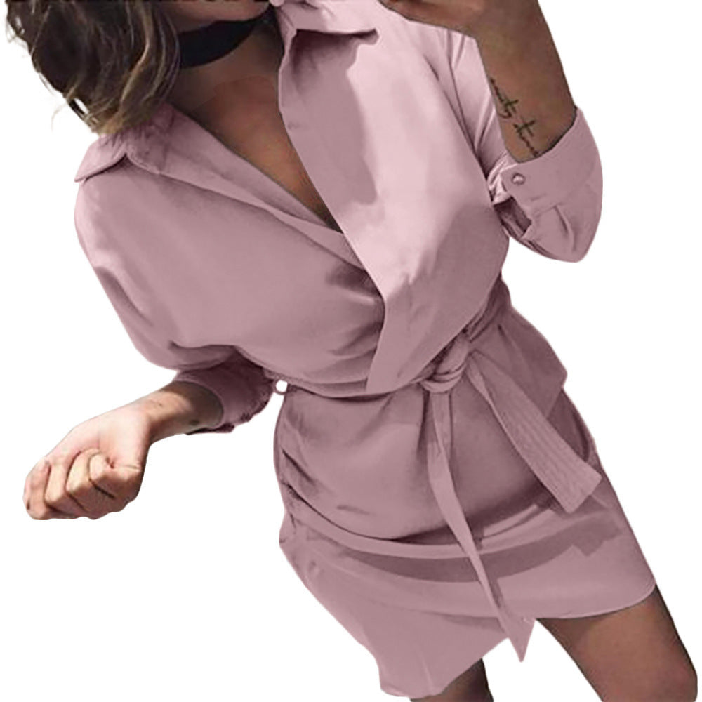 Women's Belt Irregular Solid Color Shirt Dress