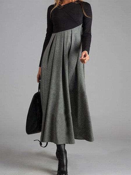 Contrasting color v-neck long-sleeved stitching big dress