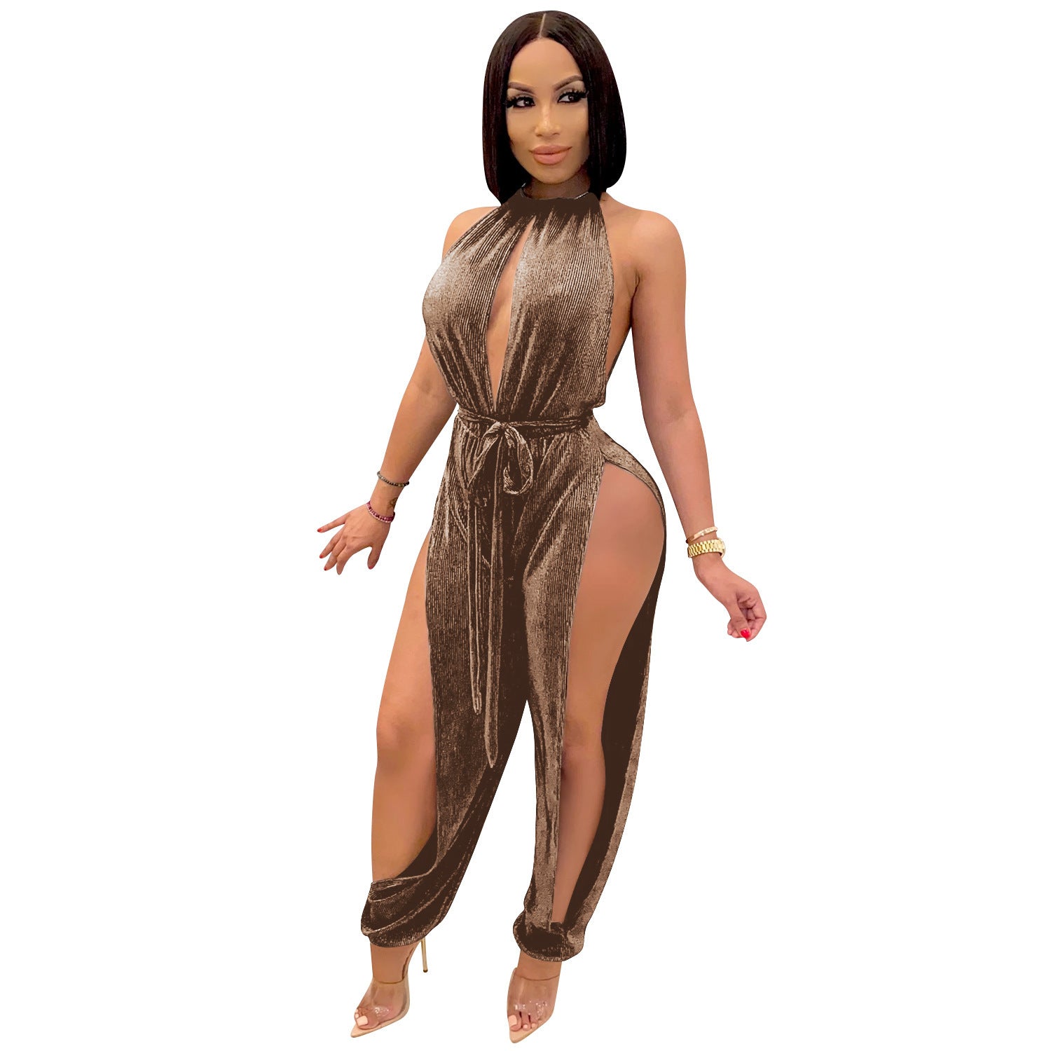 Lace-Up Stretch Split Women'S Jumpsuit