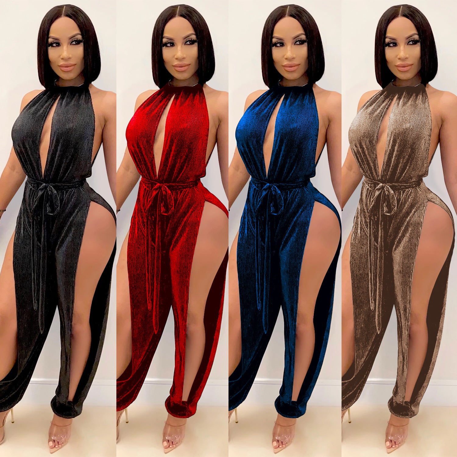 Lace-Up Stretch Split Women'S Jumpsuit