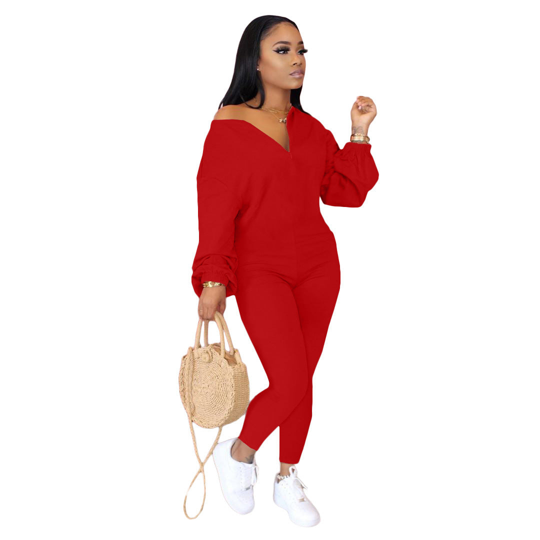 Women's Solid Color Oblique Shoulder Fashion Casual Jumpsuit