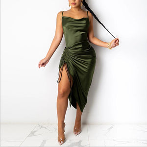 Sexy Lace-up Slit Pleated Sling Dress