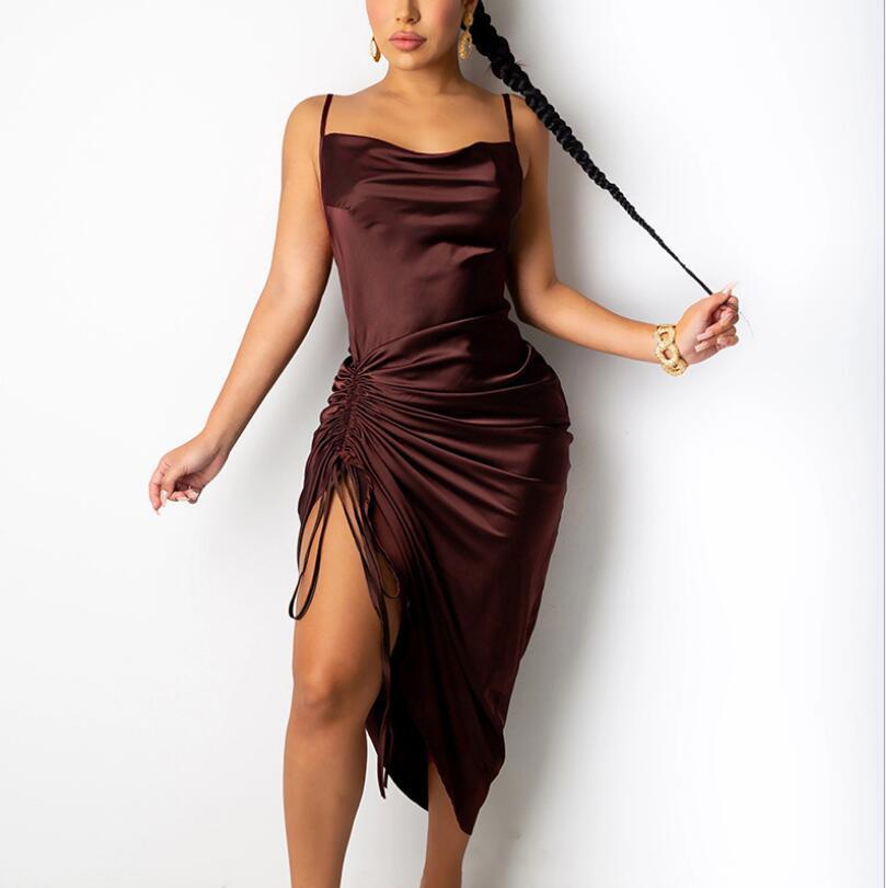 Sexy Lace-up Slit Pleated Sling Dress