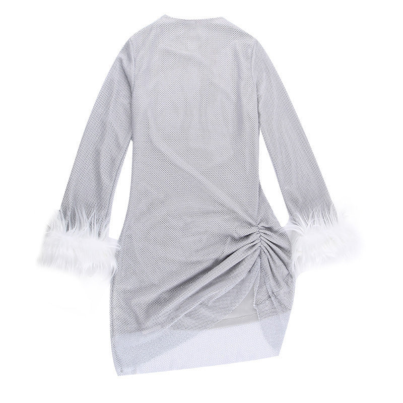 Fashionable Slim-fit Shiny Mesh Fur Cuff Pleated Dress Women