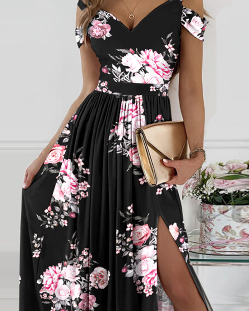 Spaghetti Strap Floral Print Split Dress