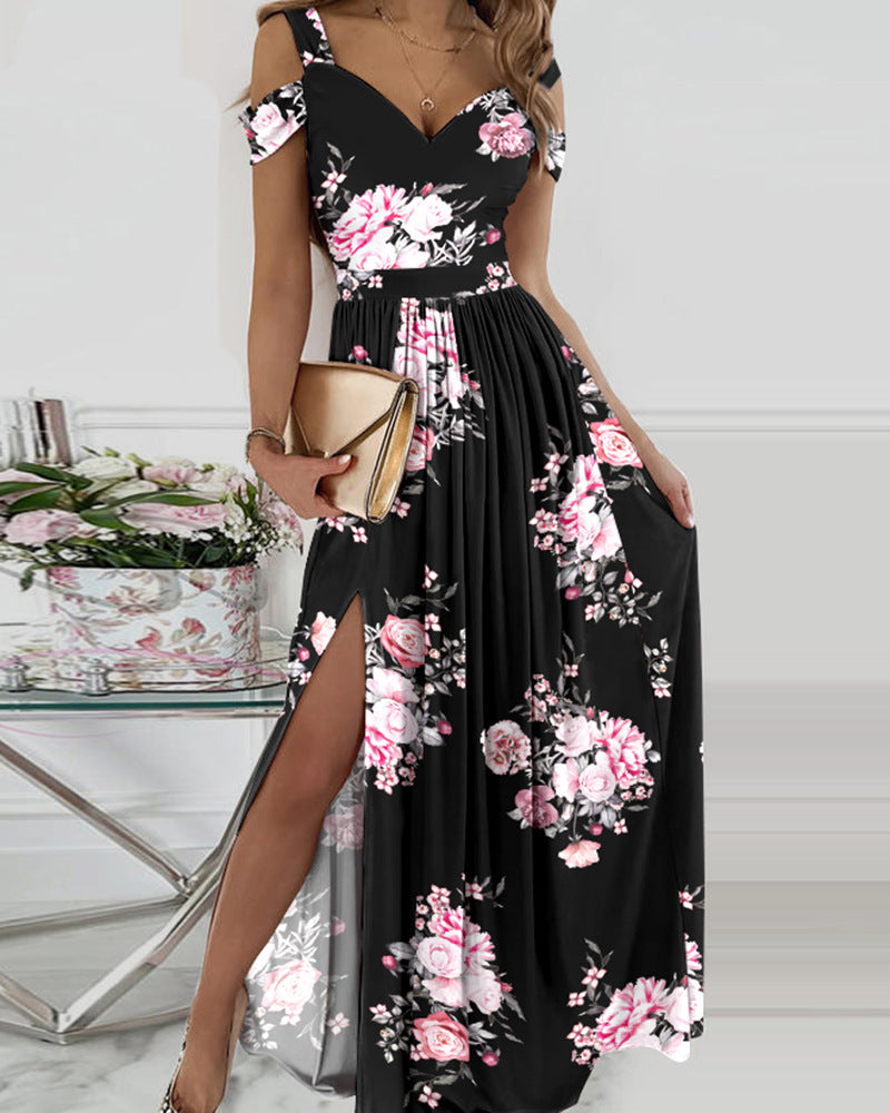 Spaghetti Strap Floral Print Split Dress