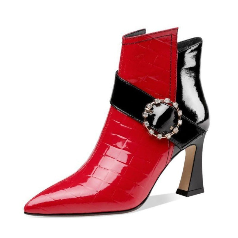 Fashion Color Matching High Heel Color Block Ankle Boots