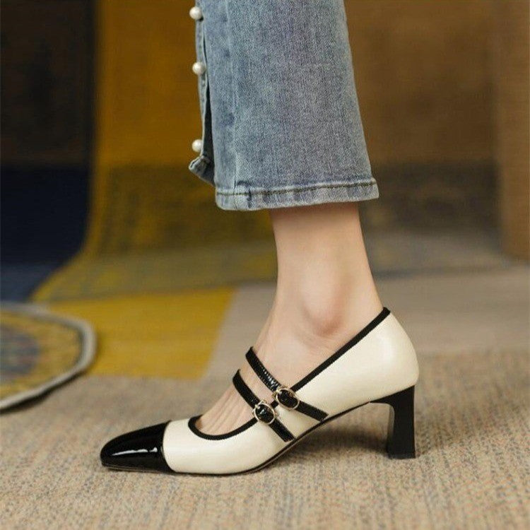 Retro Square Head Color Matching Single Shoe Female