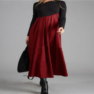 Contrasting color v-neck long-sleeved stitching big dress