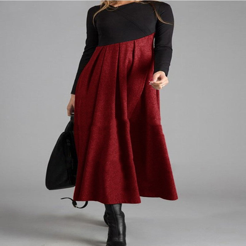 Contrasting color v-neck long-sleeved stitching big dress