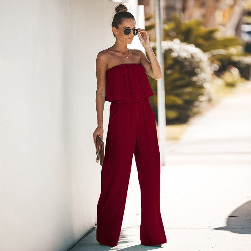 Sexy Sling  Back Ruffled Wrap Chest Wide-leg Jumpsuit