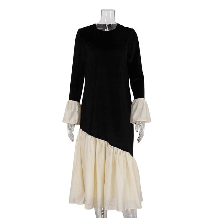 Autumn New French Stitching Design Sense Round-neck Flared Sleeves Dress