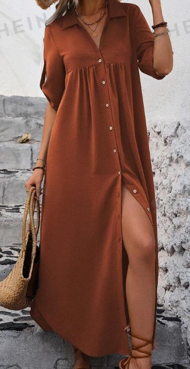 Women's Solid Color Roll-Up Sleeve Long Shirt Dress With Front Buttons, Holiday Leisure Style