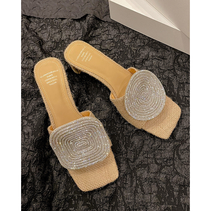 French Romantic Square Round Rhinestone Linen Woven Slippers