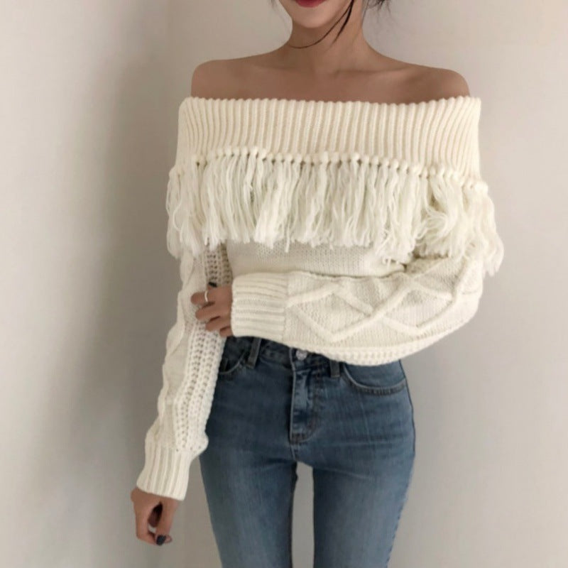 Fringed Off-shoulder One-neck Knitted Long-sleeved Sweater