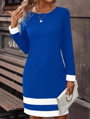 New Fashion European And American Style Tight Color-matching Dress Long Sleeve Round Neck