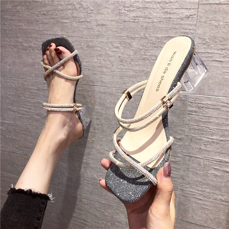 Open-toed two-wear half-drag fashion crystal high-heel sandals