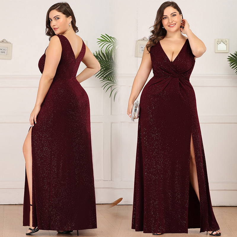 Deep V sexy split evening dress