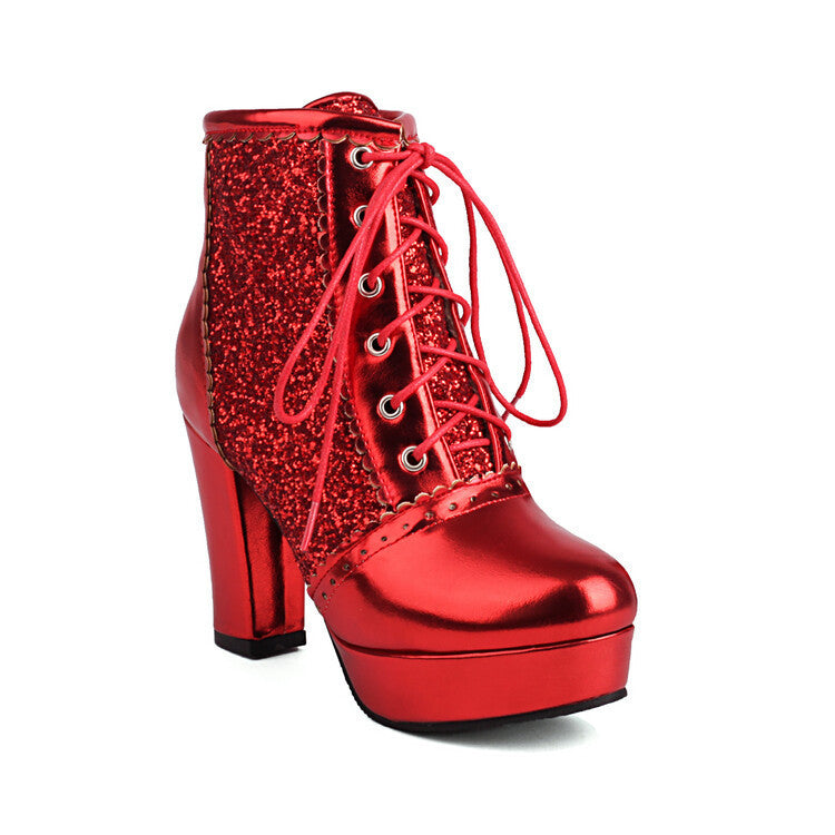 Autumn And Winter Thick Heel Lace-up Sequins Fashion Boots