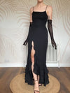 Black Ruffled Evening Gown With Gloves