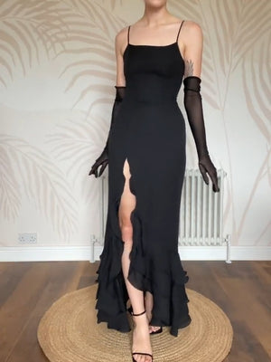 Black Ruffled Evening Gown With Gloves