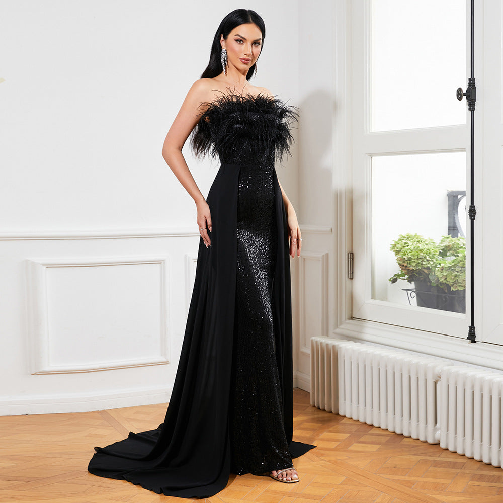 European And American Temperament Long Sequined Sleeveless Wrapped Chest Backless Banquet Evening Dress