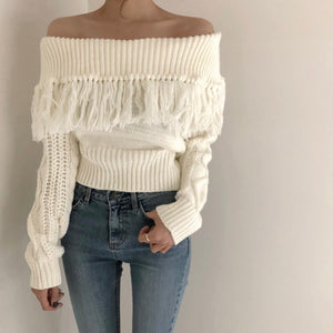 Fringed Off-shoulder One-neck Knitted Long-sleeved Sweater