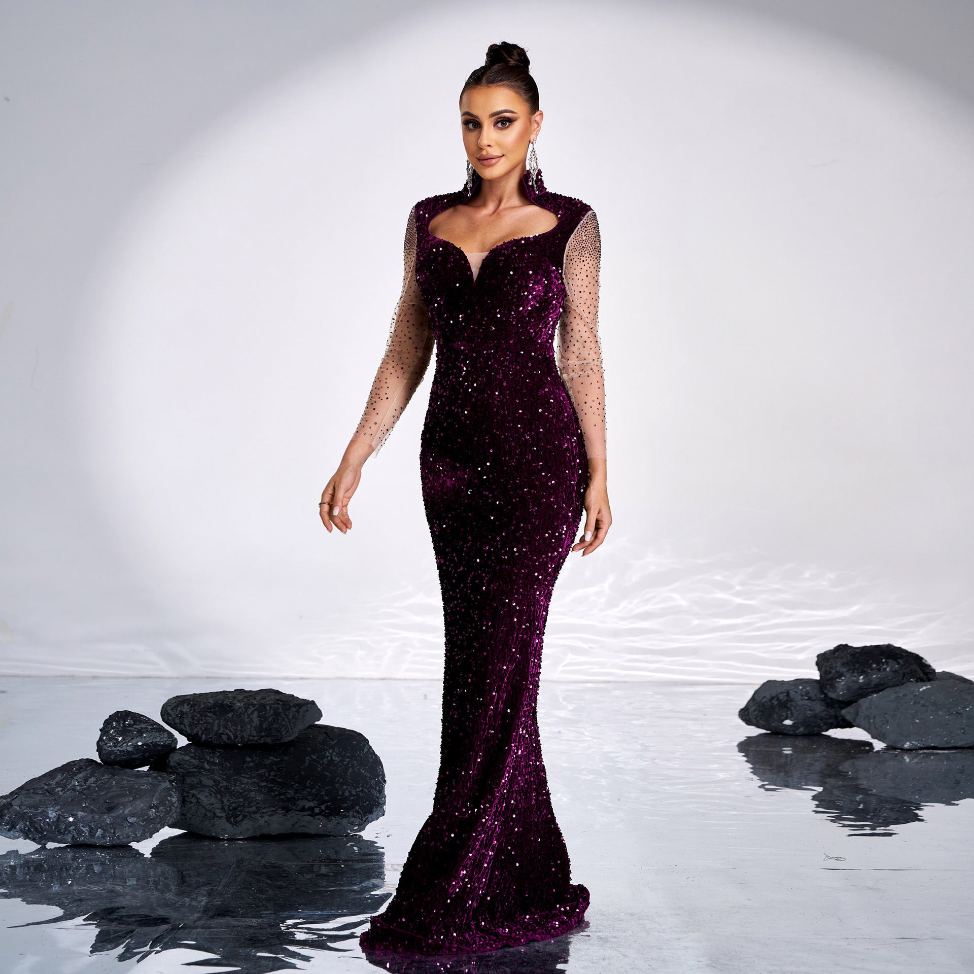 Long Sleeve Square-neck Banquet Sequined Rhinestone Fishtail Dress