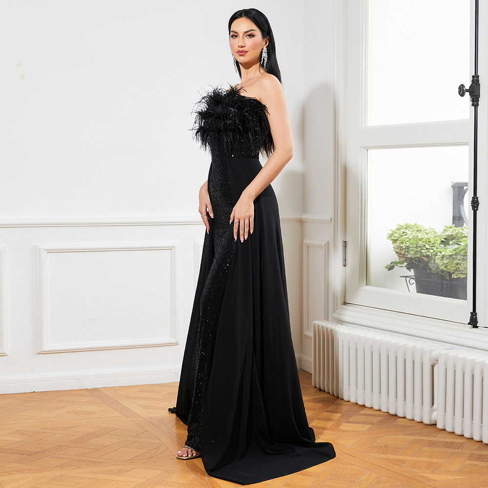 European And American Temperament Long Sequined Sleeveless Wrapped Chest Backless Banquet Evening Dress