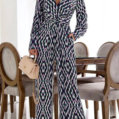 Women's Jumpsuit Trendy Geometric Pattern Printed V-neck Slim-fit Long Sleeve Trousers