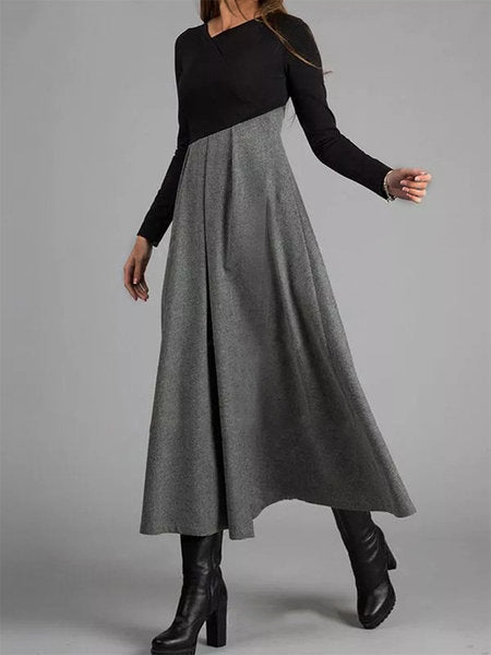 Contrasting color v-neck long-sleeved stitching big dress