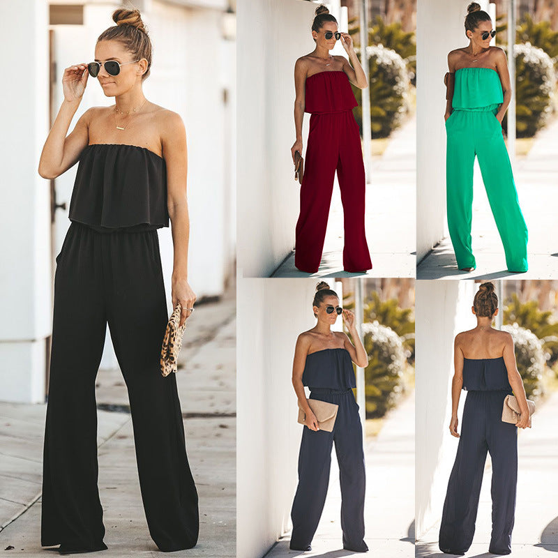 Sexy Sling  Back Ruffled Wrap Chest Wide-leg Jumpsuit