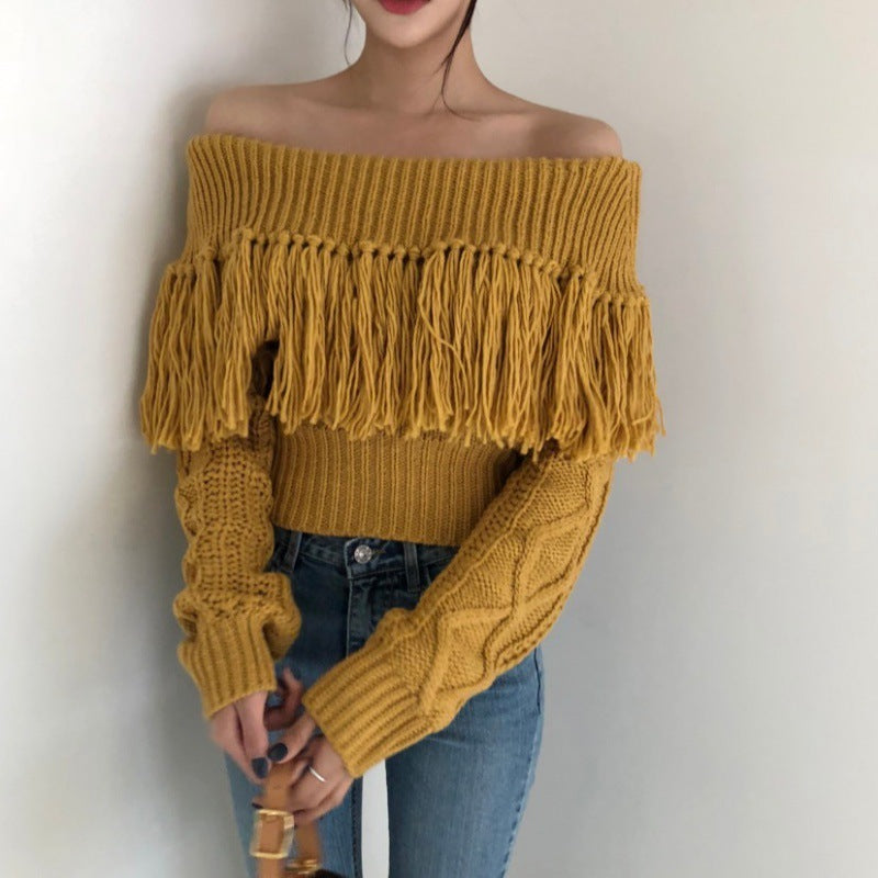 Fringed Off-shoulder One-neck Knitted Long-sleeved Sweater