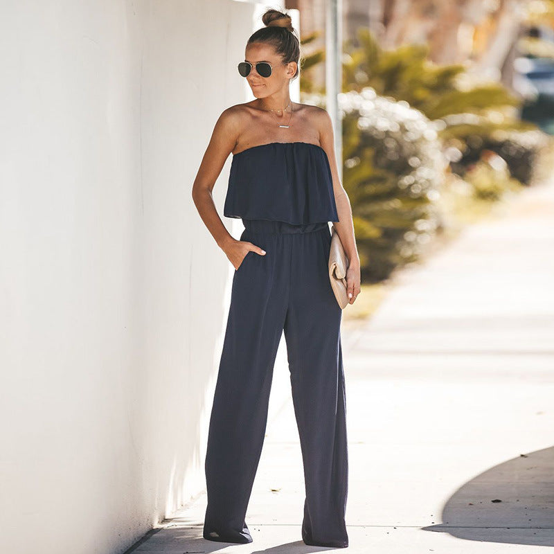 Sexy Sling  Back Ruffled Wrap Chest Wide-leg Jumpsuit