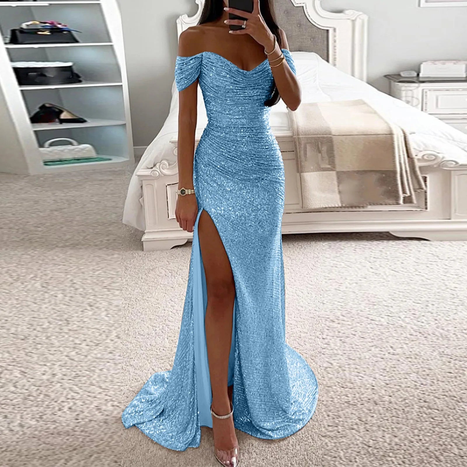 Female Creative Solid Color Sparkling Slit Dress