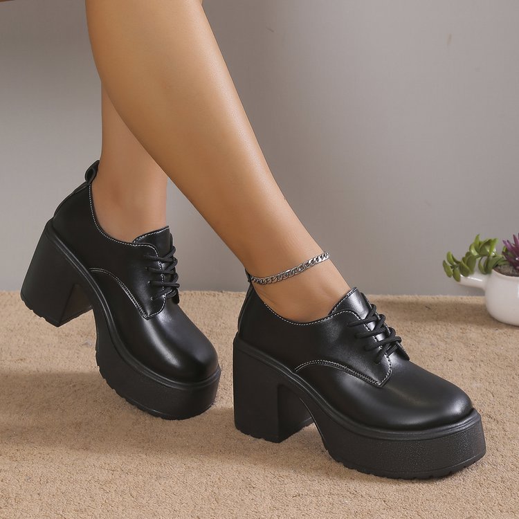 Chunky Heel Lace-up High Heel Leisure Versatile Small Leather Shoes