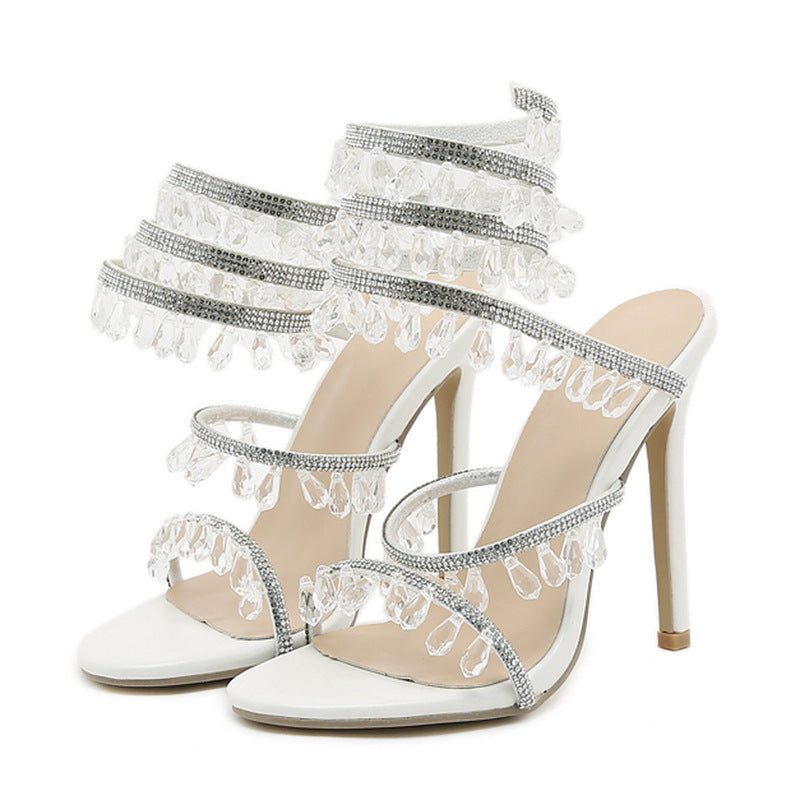 Rhinestone Gem Snakelike Winding Stiletto Heel Round-toe Sandles