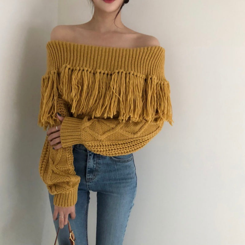 Fringed Off-shoulder One-neck Knitted Long-sleeved Sweater