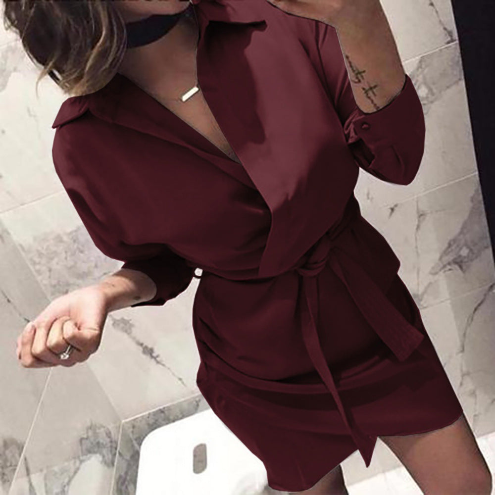 Women's Belt Irregular Solid Color Shirt Dress