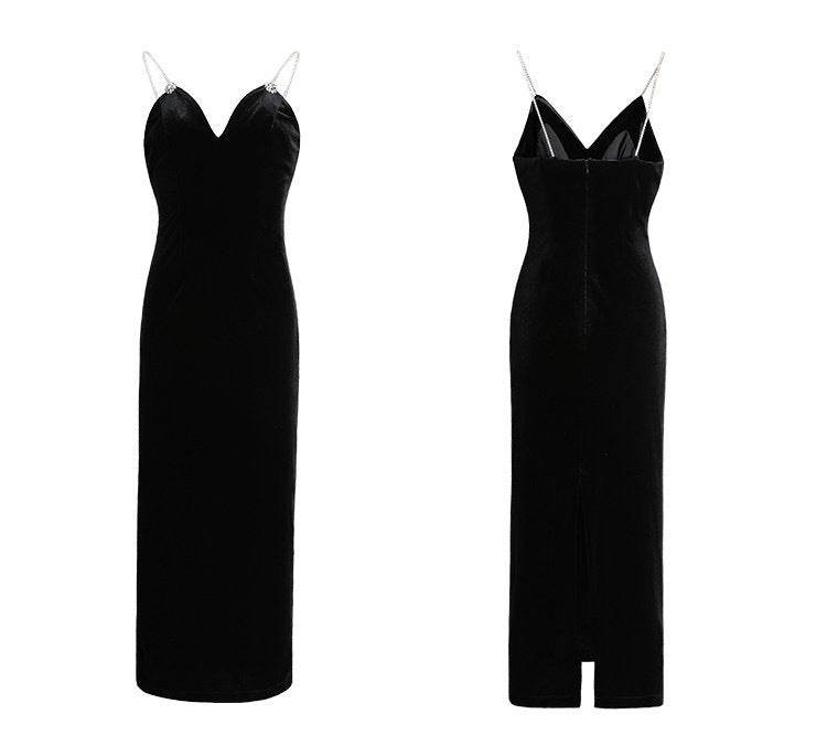 Women's High-End Velvet Sling Midi Dress