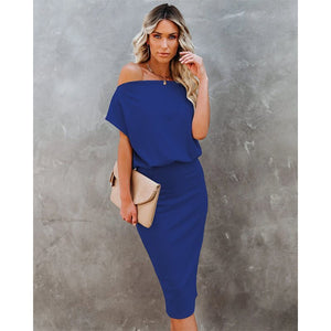 Women's Casual Short-sleeved Off-neck Tight Waist Sheath Dress