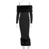 Fur Collar Off-neck Long Sleeve Elegant Slim Fit Dress