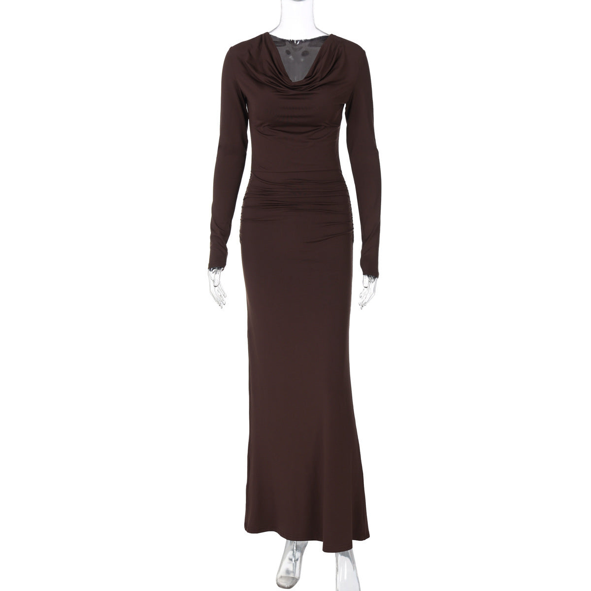 Fashion Swing Collar Long Sleeve Pleated Slim Sheath Dress