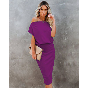 Women's Casual Short-sleeved Off-neck Tight Waist Sheath Dress