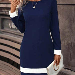 New Fashion European And American Style Tight Color-matching Dress Long Sleeve Round Neck