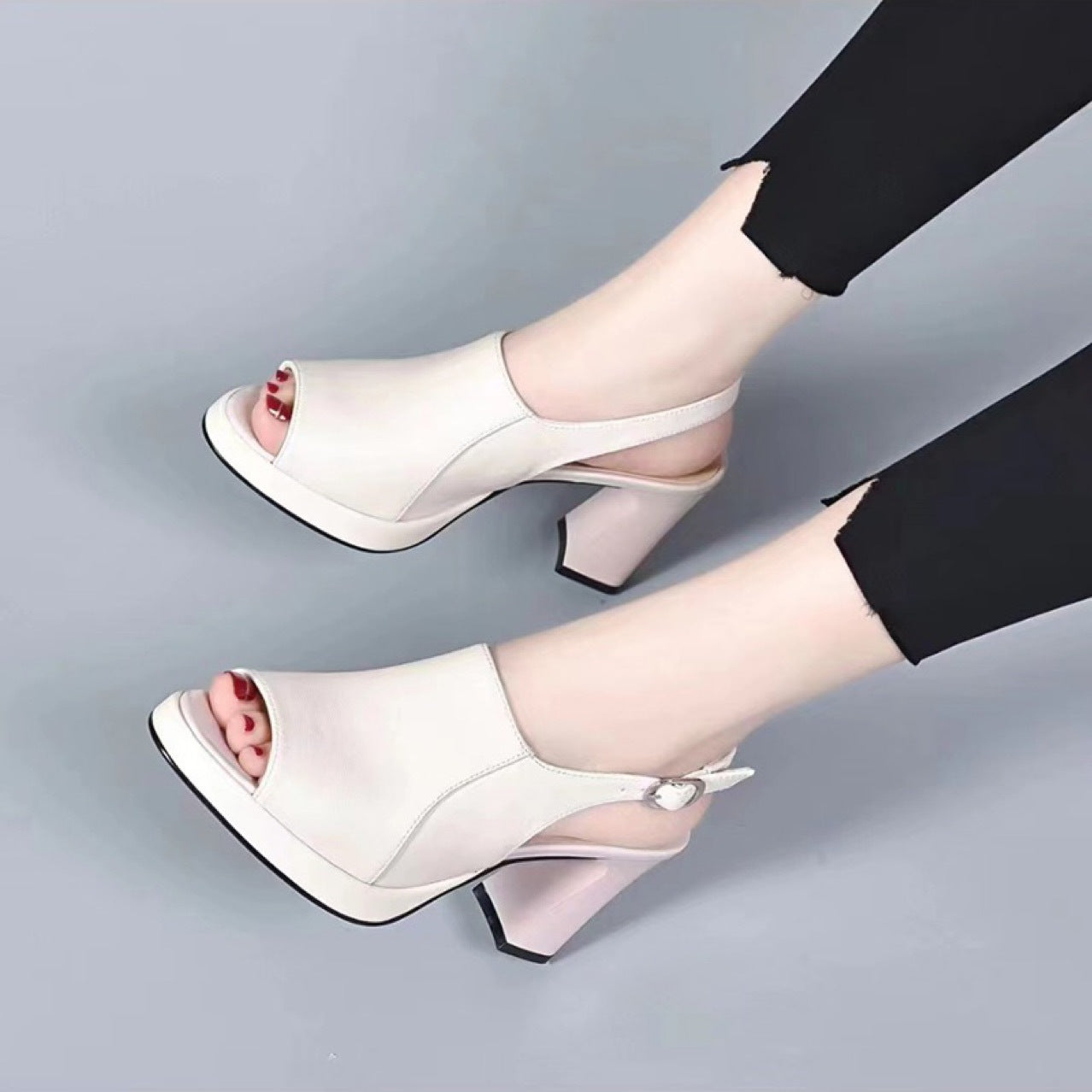 Genuine Leather Women's Soft Bottom Chunky Heel High Heels