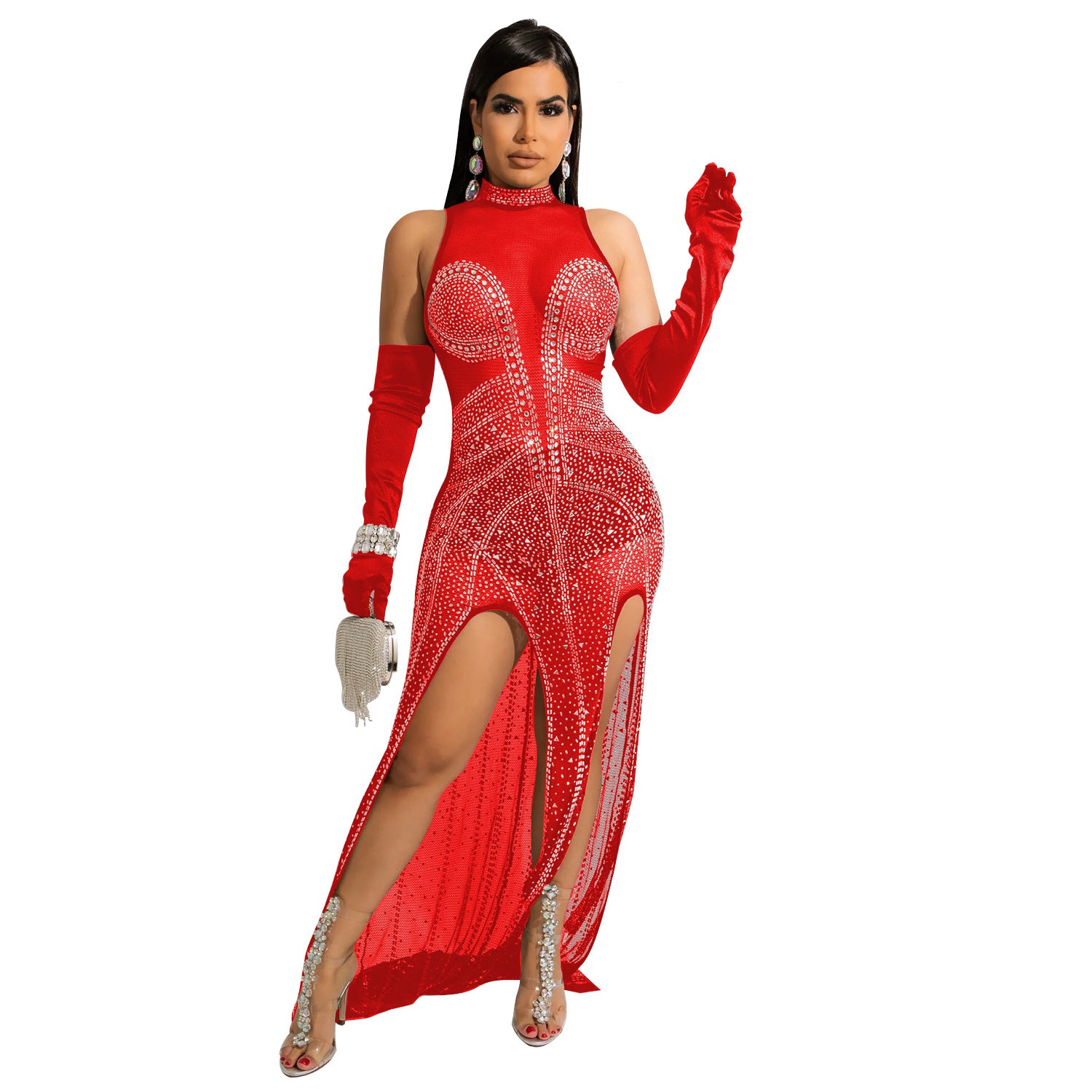 Mesh Hot Drilling See-through Dress Women